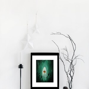 May include: A framed illustration of a ghost holding a jack-o'-lantern in a dark green forest setting. The frame is black and the illustration is surrounded by a white mat.