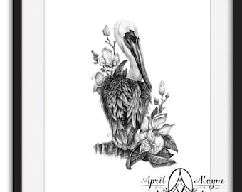 Brown Pelican-Louisiana- Wildlife- Black and white- print- April Alayne