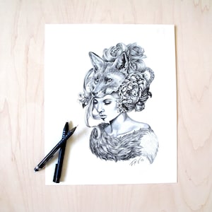 Illustration- Fox mask- Black and white- -signed print- woman portrait- power animal image 1