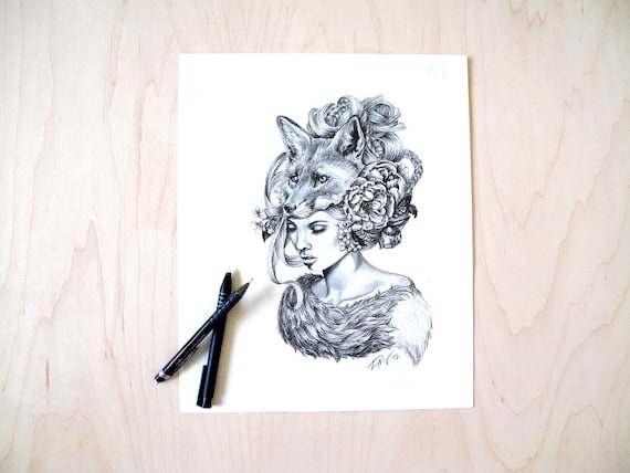 Illustration- Fox mask- Black and white- -signed print- woman portrait- power animal