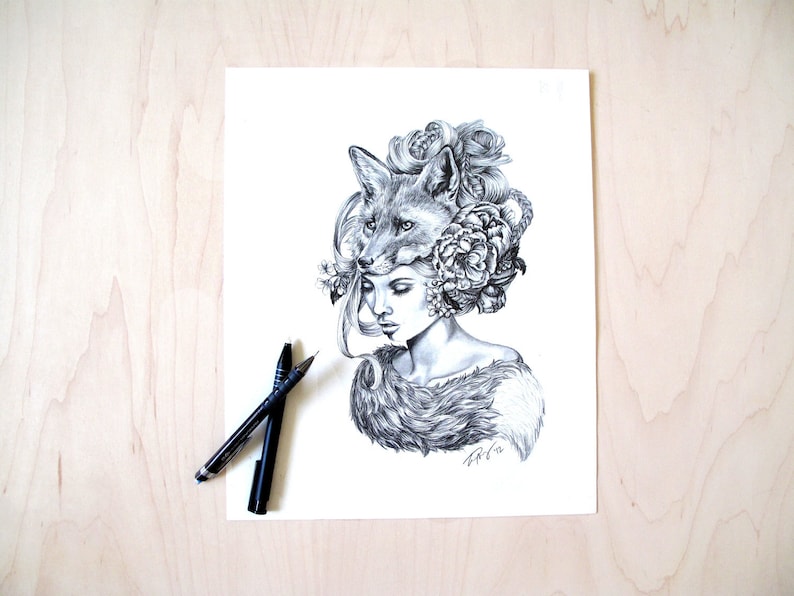 Illustration- Fox mask- Black and white- -signed print- woman portrait- power animal image 1