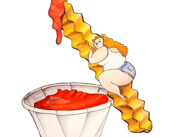 May include: A watercolor illustration of a woman climbing a large french fry. The fry is covered in ketchup and is next to a white paper cup filled with ketchup.