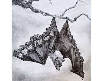 Bat Illustration- Beautifully dysfunctional- Leather and Lace- Bat- Nature- Pencil drawing- April Alayne