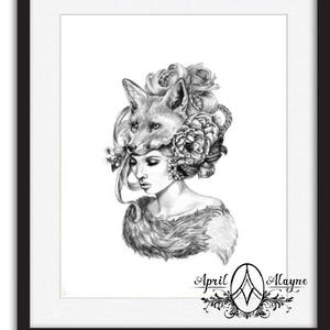 Illustration- Fox mask- Black and white- -signed print- woman portrait- power animal image 2