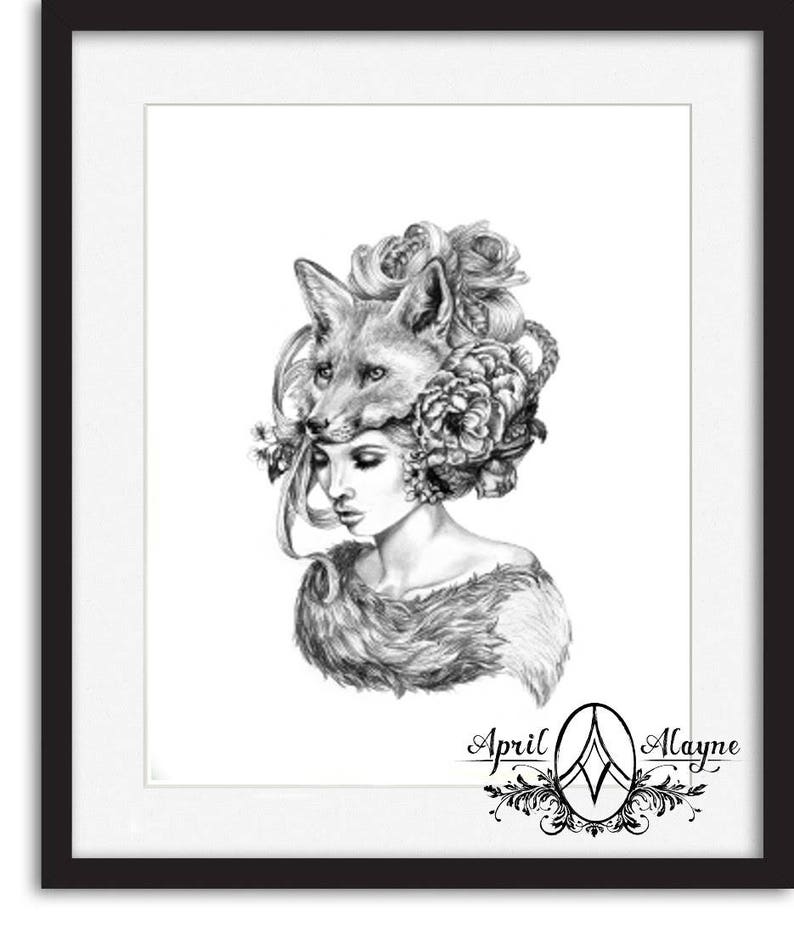 Illustration- Fox mask- Black and white- -signed print- woman portrait- power animal image 2