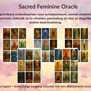 Op de afbeelding: Een verzameling van 45 afdrukbare orakelkaarten met afbeeldingen van vrouwen. De tekst "Sacred Feminine Oracle" staat bovenaan, met extra tekst in het Nederlands. De kaarten zijn voor rituelen, journaling en dagelijkse online readings.