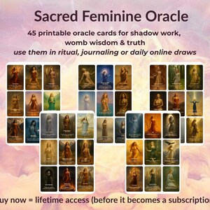 Op de afbeelding: Afbeelding van de "Sacred Feminine Oracle" met 45 afdrukbare orakelkaarten. De kaarten, gerangschikt in een raster, tonen illustraties van vrouwen. Tekst op de afbeelding bevat "shadow work, womb wisdom & truth".