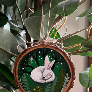 SLEEPY RABBIT, Hand Painted Live Edge Wood Slice Ornament, Collect ALL