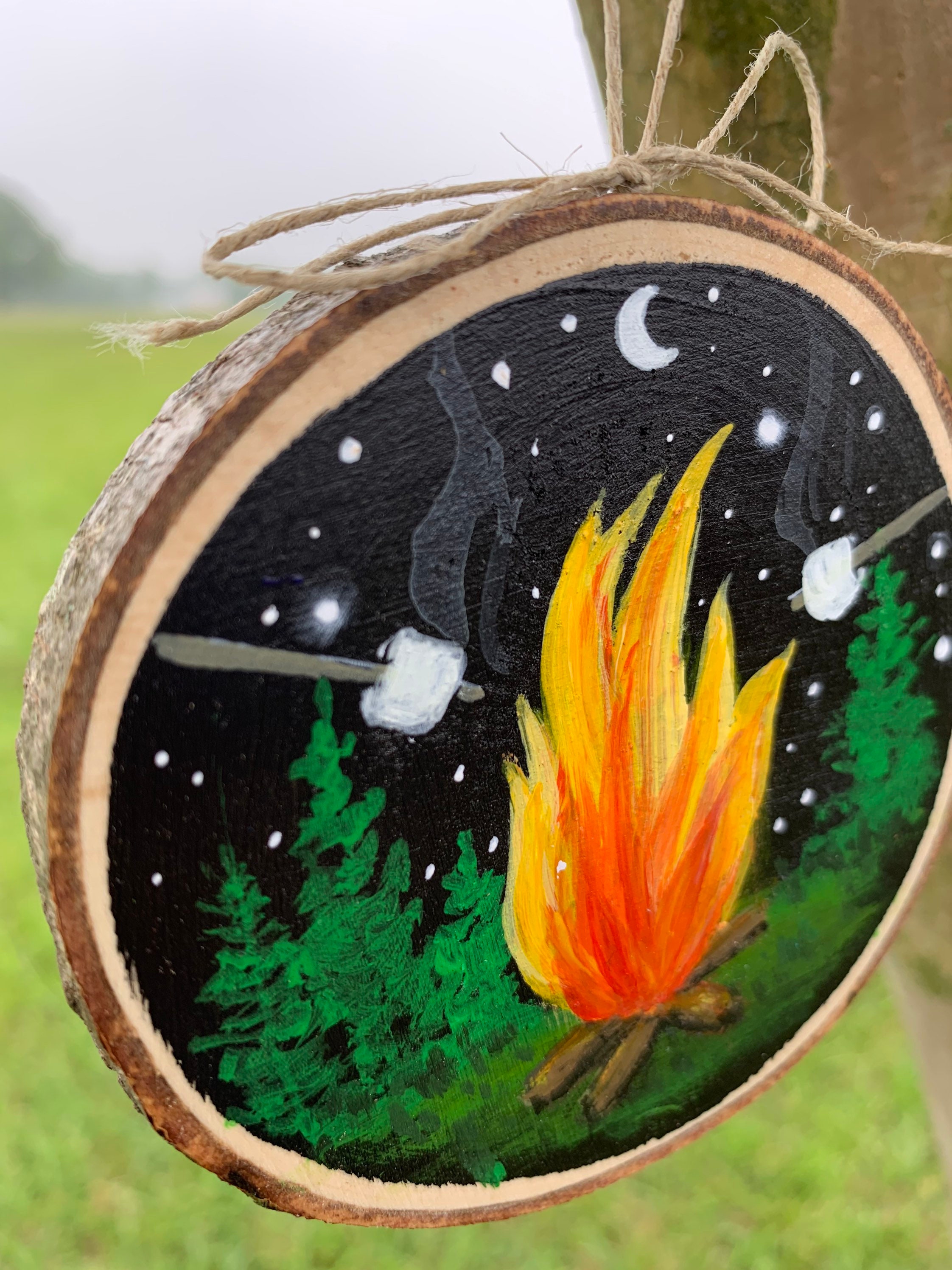 CAMPFIRE MARSHMALLOWS, Hand Painted Acrylic on Live Edge Wood Slice