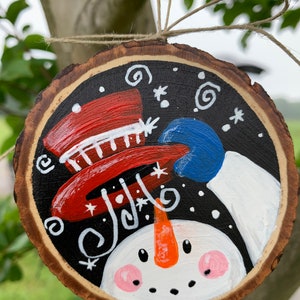 MAGICAL SNOWMAN, Hand Painted Acrylic on Live Edge Wood Slice Ornament