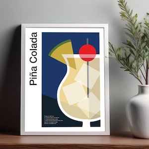 Arte de pared con cóctel de piña colada, póster de cóctel, impresión decorativa para carrito de bar, impresión de alcohol, arte de pared minimalista con cócteles, arte de pared para bar en casa