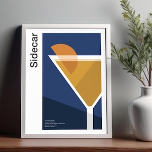 Arte mural de cócteles con sidecar, póster de cócteles, impresión decorativa de carrito de bar, impresión de alcohol, arte mural minimalista de cócteles, arte mural de bar para el hogar