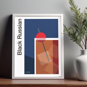 Arte mural de cóctel ruso negro, póster de cóctel, impresión decorativa para carrito de bar, impresión de alcohol, arte mural minimalista de cóctel, arte mural de bar para el hogar