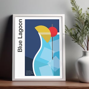 Arte mural de cócteles Blue Lagoon, póster de cócteles, impresión decorativa para carrito de bar, impresión de alcohol, arte mural minimalista de cócteles, arte mural para bar en casa