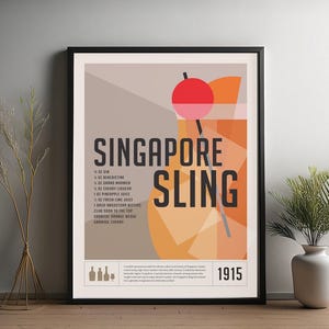 Impresión de cóctel Singapore Sling, póster de cóctel, decoración de carrito de bar, impresión de alcohol, arte mural minimalista de cócteles, arte mural de bar para el hogar