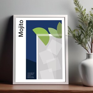 Arte mural de cóctel mojito, póster de cóctel, impresión decorativa para carrito de bar, impresión de alcohol, arte mural minimalista de cóctel, arte mural de bar para el hogar