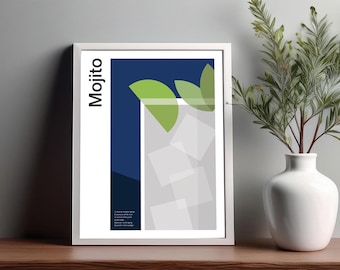 Mojito Cocktail Print: Minimalist Bar Cart Art, (UNFRAMED)