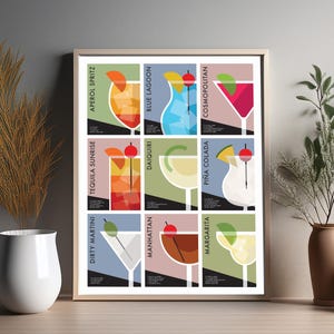 Arte mural minimalista de cócteles, póster de cócteles, impresión decorativa para carrito de bar, impresión de alcohol, decoración de pared de cócteles simplistas, arte mural para bar en casa