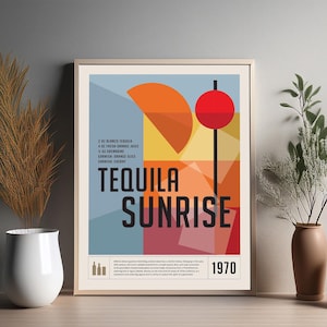 Impresión de cóctel Tequila Sunrise, póster de cóctel, impresión decorativa para carrito de bar, impresión de alcohol, arte mural minimalista de cócteles, arte mural para bar en casa