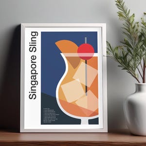 Arte mural de cócteles Singapore Sling, póster de cócteles, impresión decorativa para carrito de bar, impresión de alcohol, arte mural minimalista de cócteles, arte mural para bar en casa