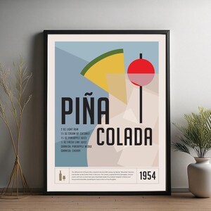 Impresión de cóctel de piña colada, póster de cóctel, impresión decorativa para carrito de bar, impresión de alcohol, arte mural minimalista de cócteles, arte mural para bar en casa