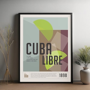 Impresión de cóctel Cuba Libre, póster de cóctel, decoración de carrito de bar, impresión de alcohol, arte mural minimalista de cócteles, arte mural de bar para el hogar
