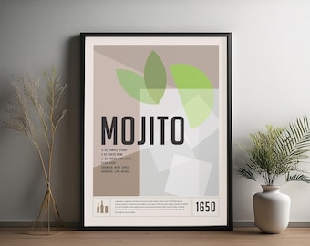 Mojito Cocktail Print: Minimalist Bar Cart Wall Art (UNFRAMED)