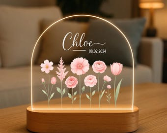 Custom Night Light for Baby Girl, Toddler Bedside Night Light, Custom Name Lamp, Floral Night Light for Nursery Decor, New Baby Gift