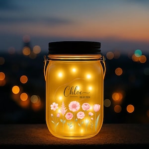Personalized Flower Mason Jar Night Light – Custom Name Fairy Light Jar for Girls, Birthday Gift, Nursery Decor, Keepsake Lamp