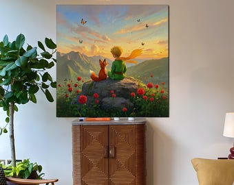 Magical Little Prince & Fox Art Print，Handmade Canvas Wall Art， Vintage Fantasy Nursery Decor ，Unique Gift for Book Lovers