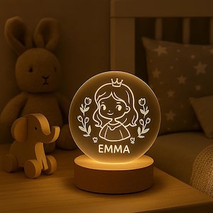Custom Night Light For Kids – Personalized Round Acrylic Crystal Lamp With Name | Princess Girl LED Nursery Light For Baby Room Decor