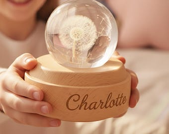 Custom Engraved Crystal Music Box – Dandelion, Starry Sky & Ferris Wheel Designs | Personalized Wooden Night Light Gift for Baby, Nursery