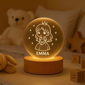 Custom Name Crystal Ball Night Light for Kids | Personalized Touch Lamp with Wooden Base | Unique Gift for Girls Bedroom or Nursery Decor
