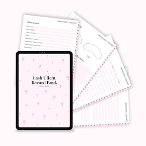 May include: A black tablet displaying a pink floral design with the text "Lash Client Record Book." Several pink and white client record sheets are fanned out behind the tablet, with sections for client information and lash details.