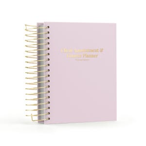 Può includere: Un'agenda con rilegatura a spirale rosa chiaro e filo metallico color oro. La copertina presenta il testo color oro Client Appointment & Finance Planner e il testo più piccolo Wellness Planners stampato al centro della copertina.