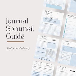 Peut inclure: Plusieurs pages de journal imprimées avec un design aquarelle bleu clair et blanc. Le texte "Journal Sommeil Guidé" est affiché en grandes lettres élégantes. Les pages comprennent des sections pour les réflexions quotidiennes et le suivi du sommeil.
