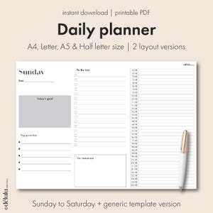 Printable Daily Planner Undated Daily Planner To-Do List Schedule Productivity Planner Daily Log Instant Download Printable Planner Pages