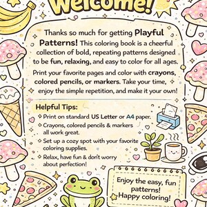 May include: A colourful coloring book cover with the word "Welcome!" and the text "Playful Patterns." The design features cartoon illustrations of food, sunglasses, and mushrooms. The text encourages colouring with crayons or markers.