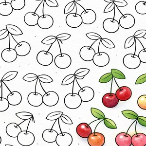 May include: A repeating pattern of cherries on a white background. Some are outlined in black, others are coloured in red, pink, and orange, with green leaves. A summery design.