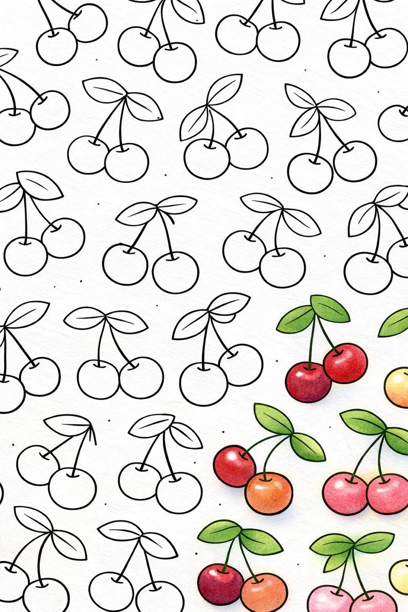 May include: A repeating pattern of cherries on a white background. Some are outlined in black, others are coloured in red, pink, and orange, with green leaves. A summery design.