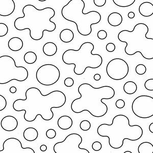 May include: A monochrome pattern featuring black outlines on a white backdrop. The design comprises a mix of organic, amoeba-like forms and circles of different sizes, producing a lively and abstract visual texture.