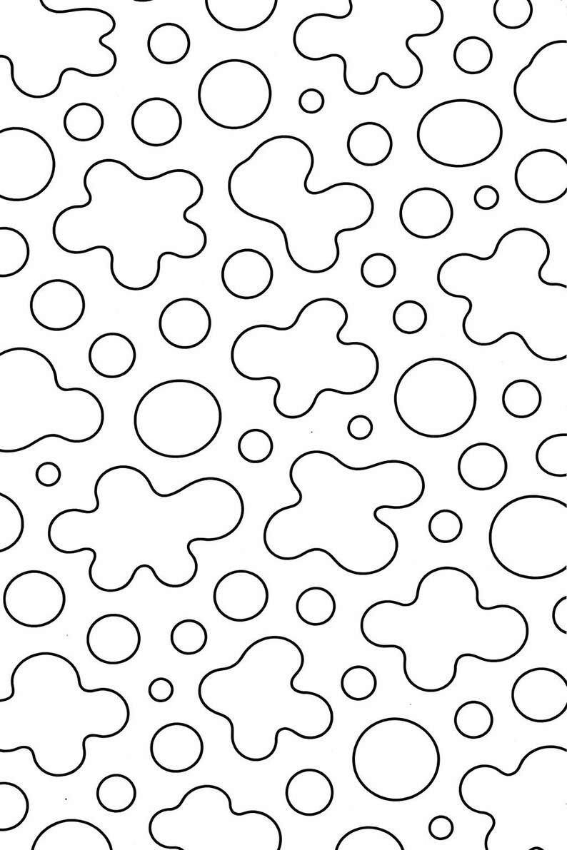 May include: A monochrome pattern featuring black outlines on a white backdrop. The design comprises a mix of organic, amoeba-like forms and circles of different sizes, producing a lively and abstract visual texture.