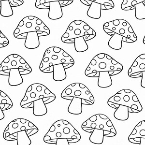 May include: A repeating pattern of stylized mushrooms with dotted caps and rounded stems. The mushrooms are outlined in black against a white background. The caps have a variety of dot patterns.