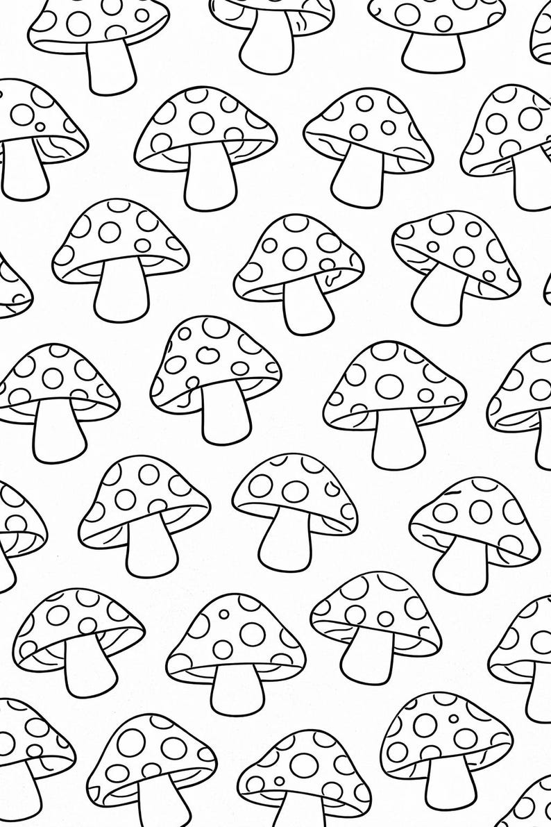 May include: A repeating pattern of stylized mushrooms with dotted caps and rounded stems. The mushrooms are outlined in black against a white background. The caps have a variety of dot patterns.