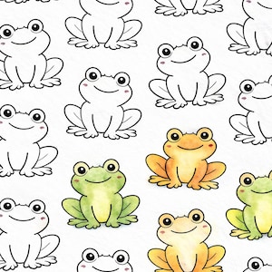 May include: A repeating pattern of cartoon frogs in various colours and styles. Some frogs are outlined in black, while others are coloured in shades of green and orange. The frogs are smiling and have large eyes, creating a playful design.