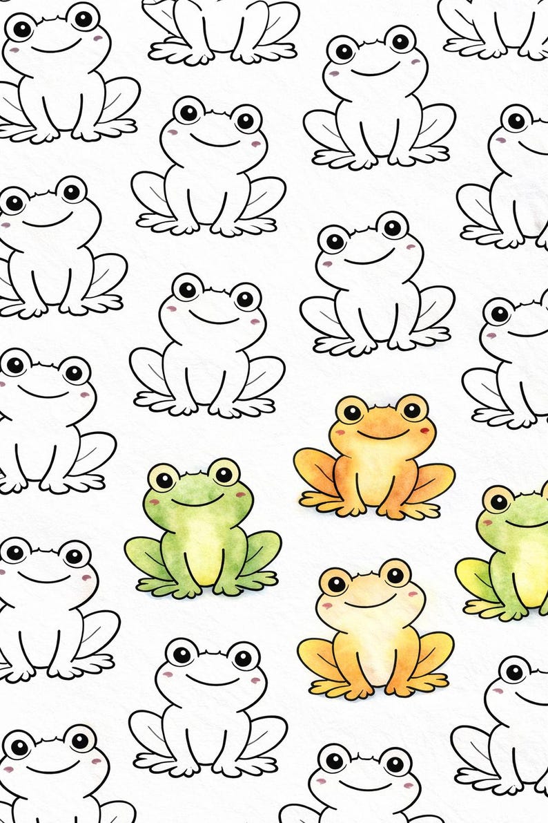May include: A repeating pattern of cartoon frogs in various colours and styles. Some frogs are outlined in black, while others are coloured in shades of green and orange. The frogs are smiling and have large eyes, creating a playful design.