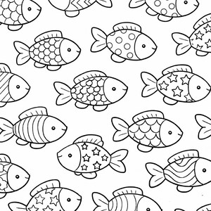 May include: A black and white pattern featuring cartoon fish. Each fish is uniquely decorated with stripes, dots, scales, and stars. The fish are scattered across a white background, creating a fun and whimsical design.