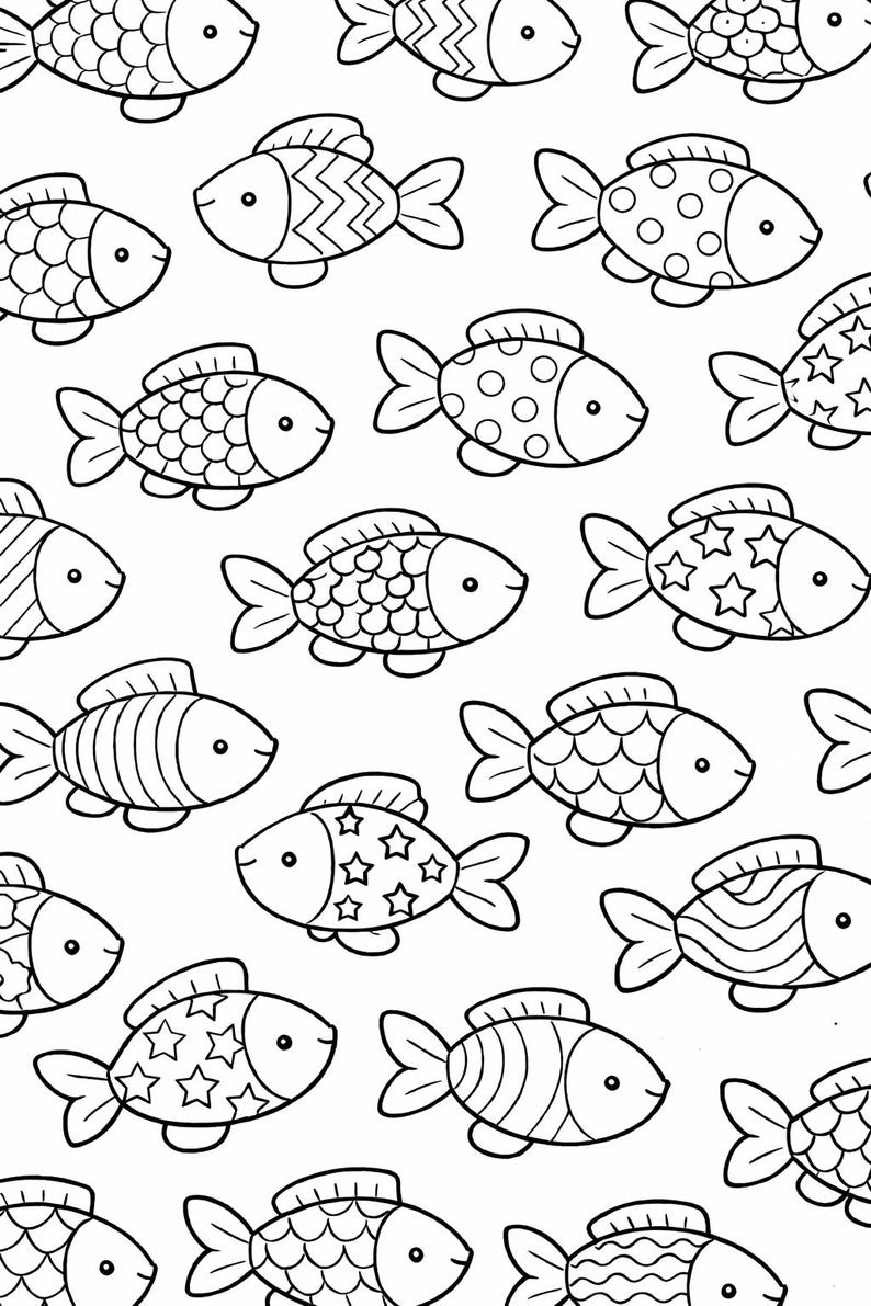 May include: A black and white pattern featuring cartoon fish. Each fish is uniquely decorated with stripes, dots, scales, and stars. The fish are scattered across a white background, creating a fun and whimsical design.