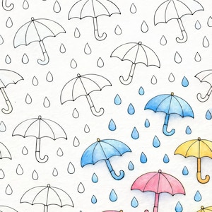 May include: A repeating pattern of hand-drawn umbrellas and raindrops. The umbrellas are outlined in black, with some coloured in blue, pink, and yellow. The raindrops are blue, creating a cheerful, rainy day theme.
