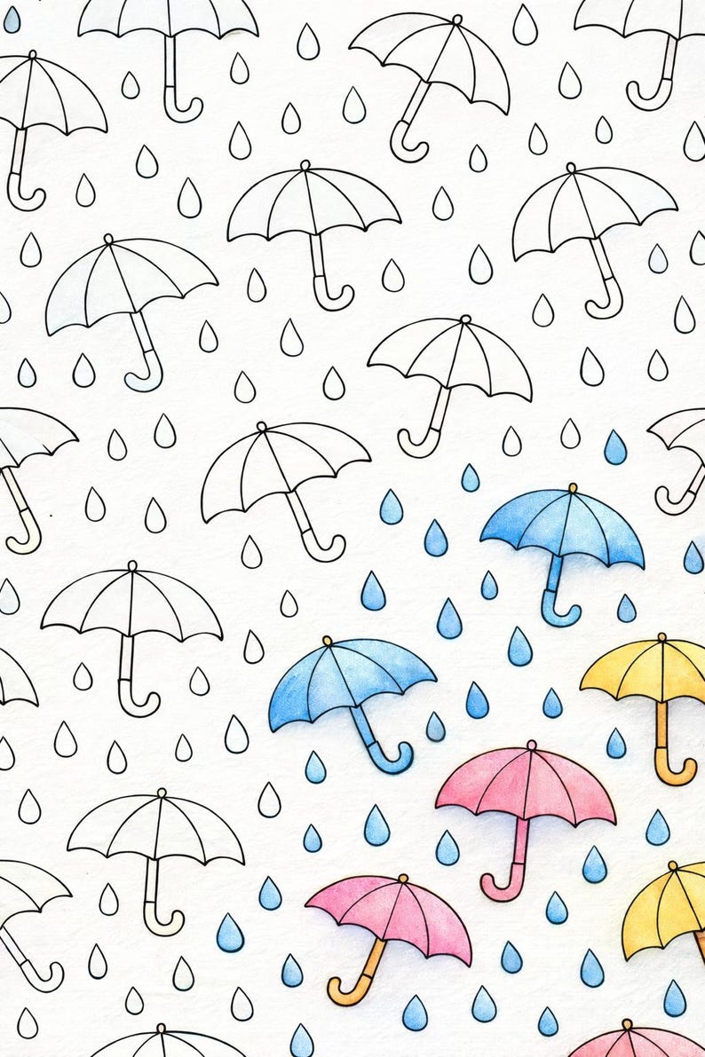 May include: A repeating pattern of hand-drawn umbrellas and raindrops. The umbrellas are outlined in black, with some coloured in blue, pink, and yellow. The raindrops are blue, creating a cheerful, rainy day theme.